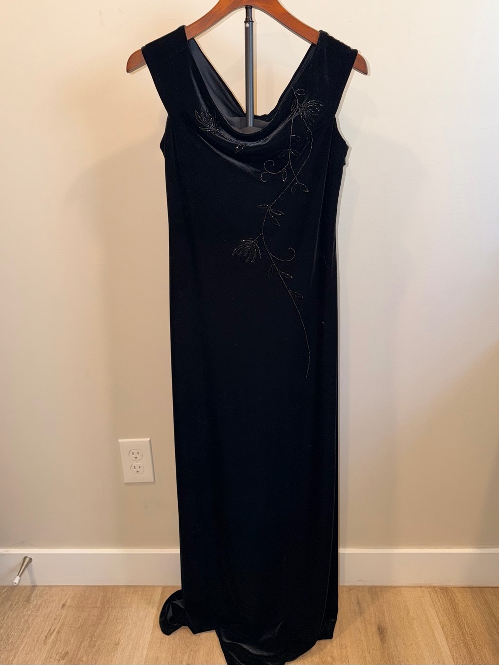Vintage Crimson Black Embellished Cowl Neck Maxi Dress